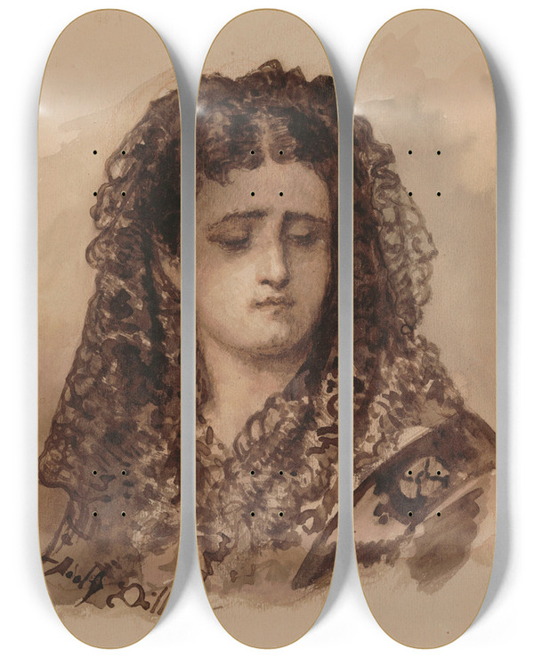 Triptych art skateboard deck of Adolphe Alexandre Dillens Spanish Pious by Adolphe Alexandre Dillens (1821-1877)