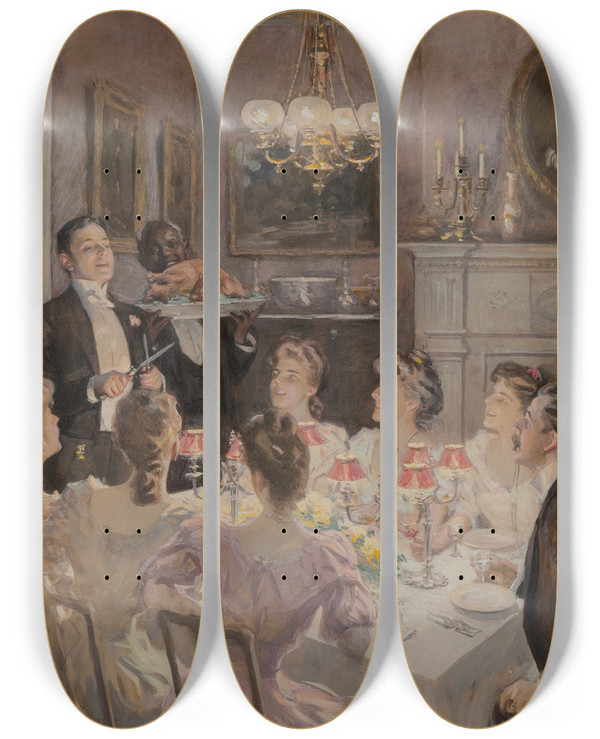 Triptych art skateboard deck of William Thomas Smedley Merry Christmas by William Thomas Smedley (1858-1920)