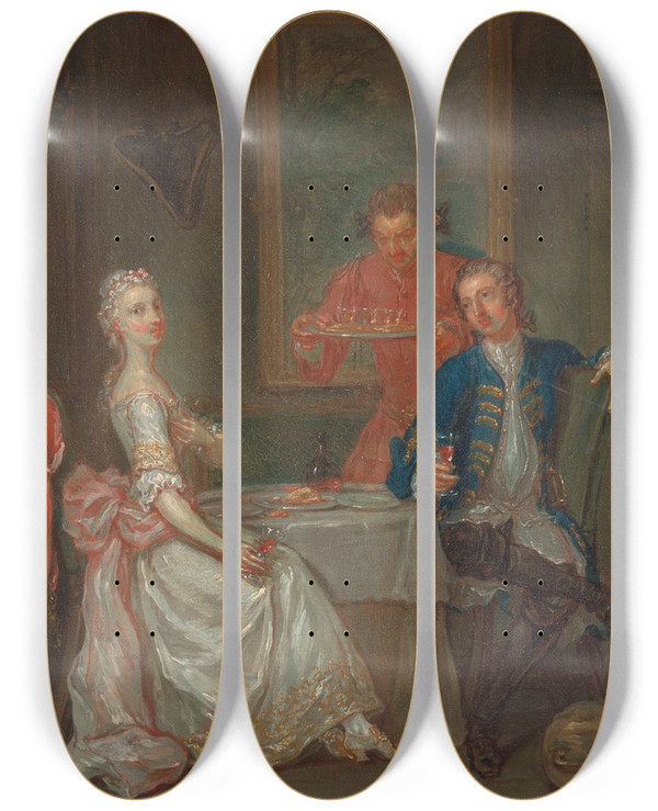 Triptych art skateboard deck of Marcellus Laroon The Younger A Dinner Conversation by Marcellus Laroon The Younger (1679-1772)