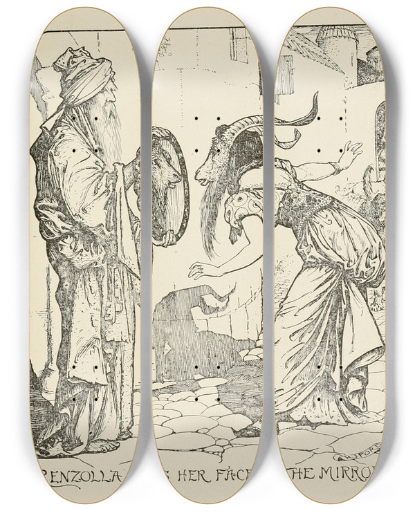 Triptych art skateboard deck of Henry Justice Ford Renzolla Sees Her Face Inthe Mirror by Henry Justice Ford (1860-1941)