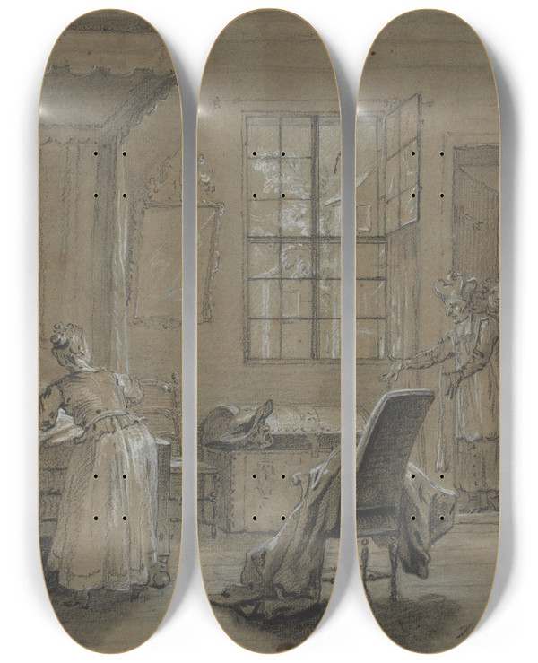 Triptych art skateboard deck of Jeanbaptiste Oudry Ragotin Dans Le Coffre by Jean-Baptiste Oudry (1686-1755)