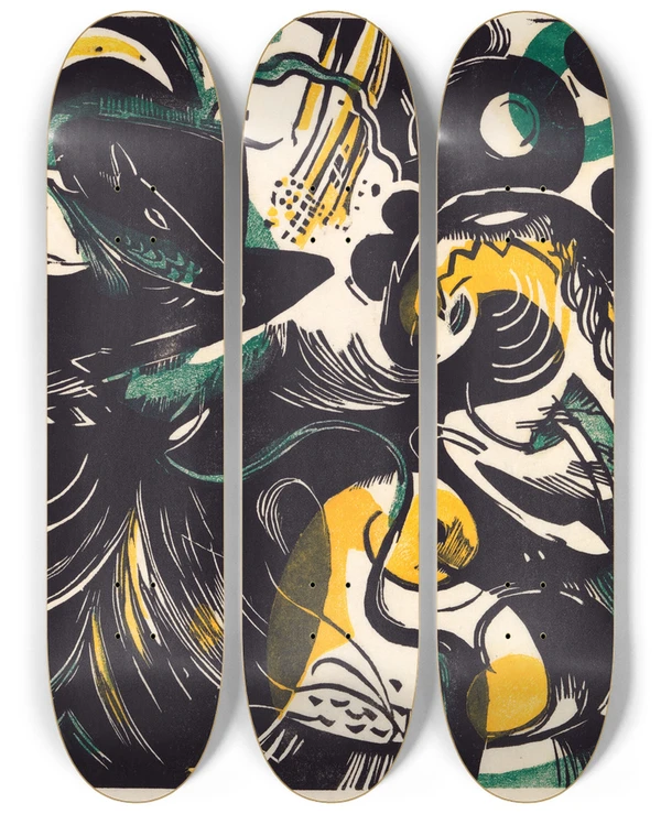 Triptych art skateboard deck of Franz Marc Schpfungsgeschichte Ii by Franz Marc (1880-1916)