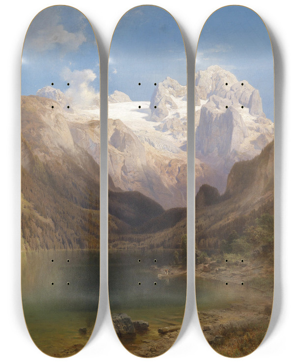 Triptych art skateboard deck of Anton Hansch Blick Vom Gosausee Auf Den Dachstein by Anton Hansch (1813-1876)