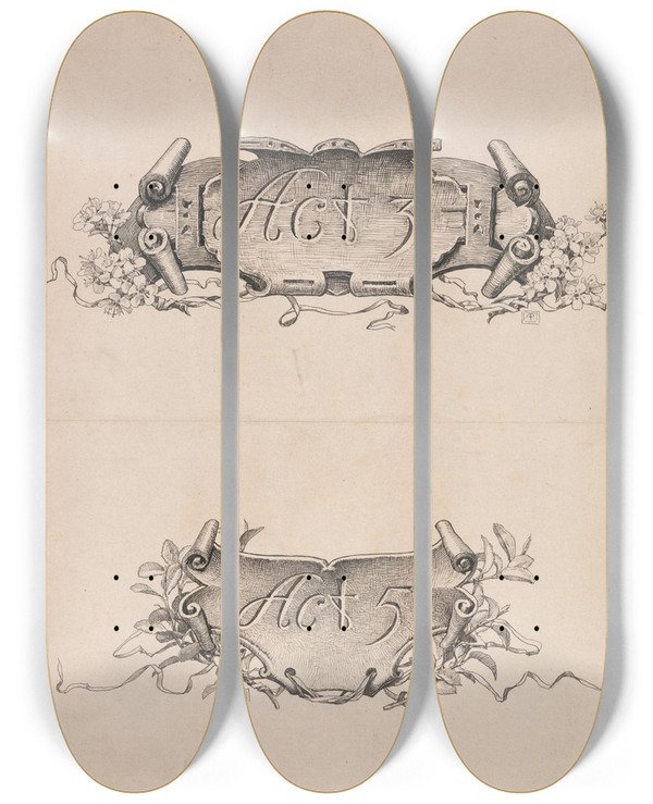 Triptych art skateboard deck of Alfred Parsons She Stoops To Conquer Act 3 Act 5 by Alfred Parsons (1847-1920)