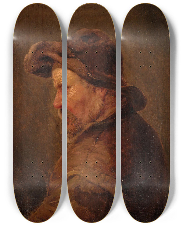 Triptych art skateboard deck of Isaac Van Ostade A Man In A Hat And Weathered Clothes by Isaac Van Ostade (1621-1649)