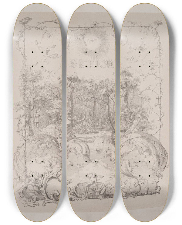 Triptych art skateboard deck of Sophus Schack I Skoven by Sophus Schack (1811-1864)