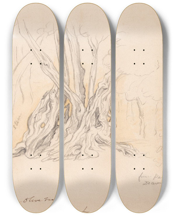 Triptych art skateboard deck of John Linnell Old Olive Tree by John Linnell (1792-1882)