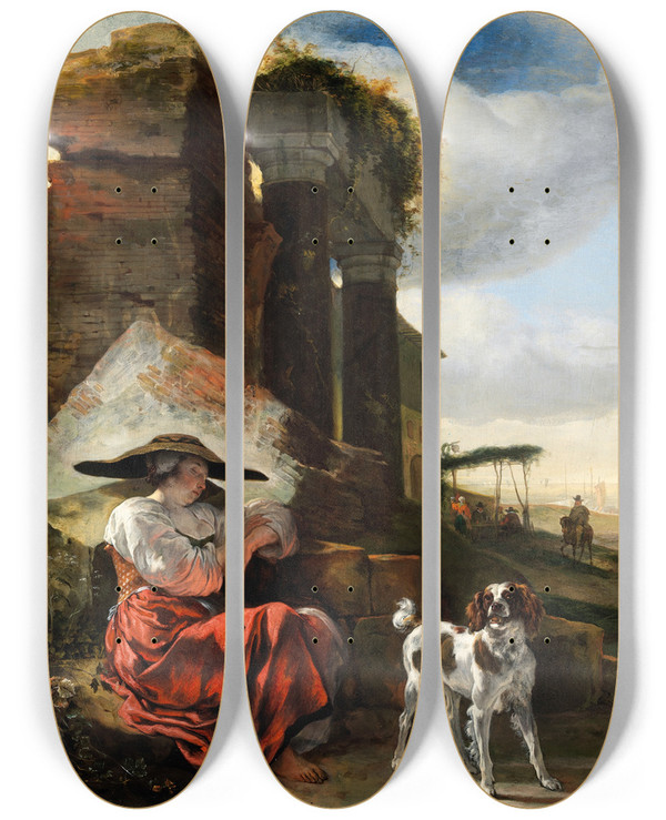 Triptych art skateboard deck of Jan Baptist Weenix The Sleeping Shepherdess by Jan Baptist Weenix (1621-1660)