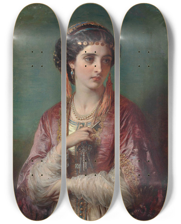 Triptych art skateboard deck of Thomas Francis Dicksee Jessica by Thomas Francis Dicksee (1819-1895)