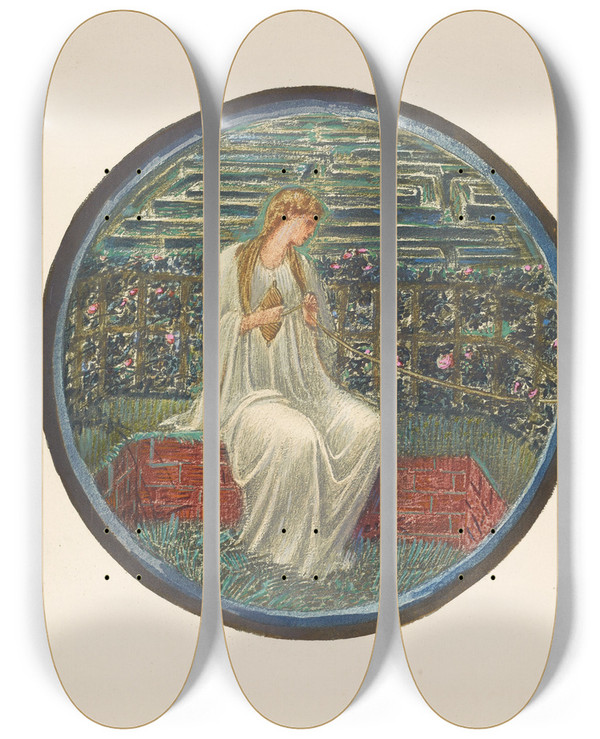 Triptych art skateboard deck of Sir Edward Coley Burnejones Love In A Tangle by Sir Edward Coley Burne-Jones (1833-1898)