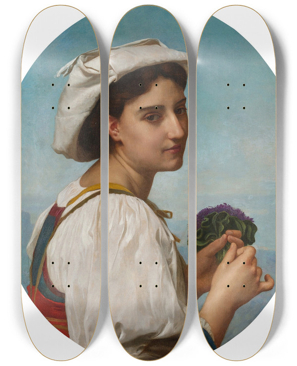 Triptych art skateboard deck of William Bouguereau Le Bouquet De Violettes_2 by William Bouguereau (1825-1905)