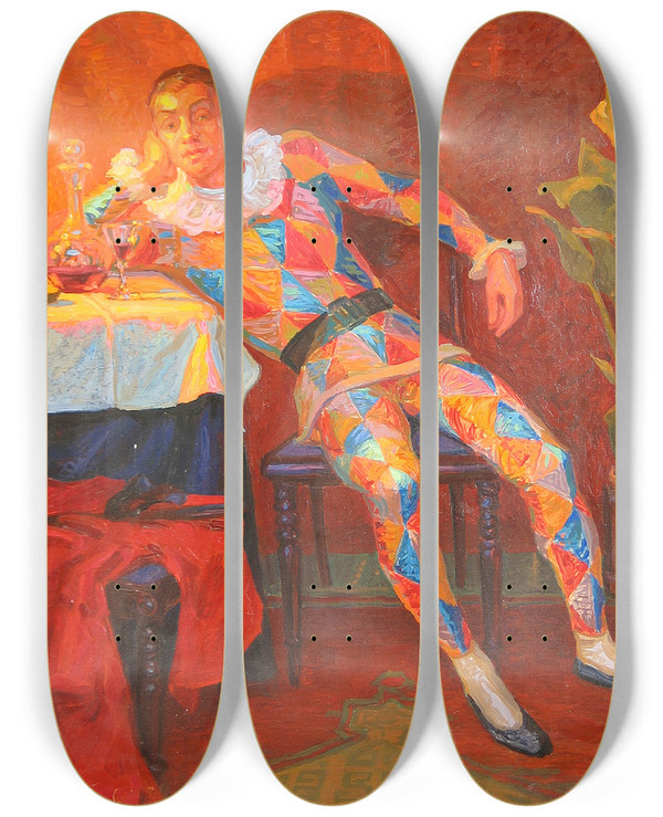 Triptych art skateboard deck of Carl Mathorne Interieur Med Harlekin by Carl Mathorne (1878-1942)