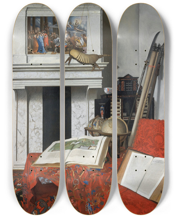Triptych art skateboard deck of Jan Van Der Heyden Room Corner With Curiosities by Jan van der Heyden (1637-1712)