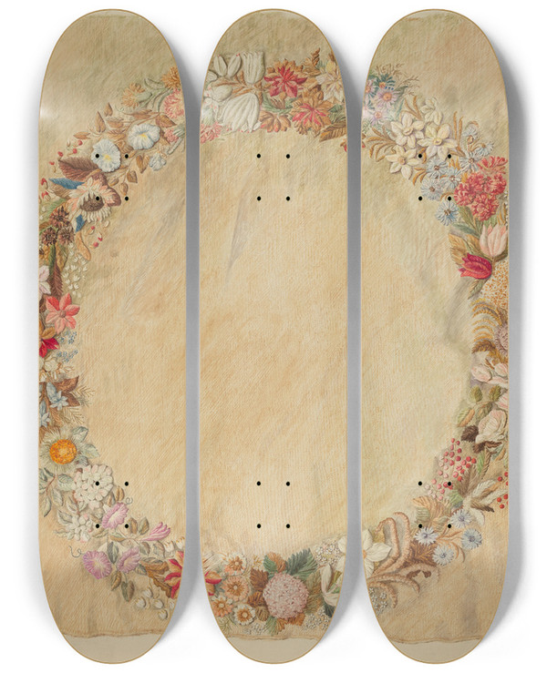 Triptych art skateboard deck of Edith Magnette Crewel Embroidery For Table by Edith Magnette (20-)