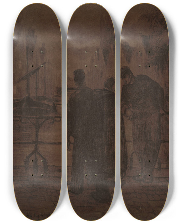 Triptych art skateboard deck of Alexander Hannotiau Evening In Bruges by Alexander Hannotiau (1863-1901)