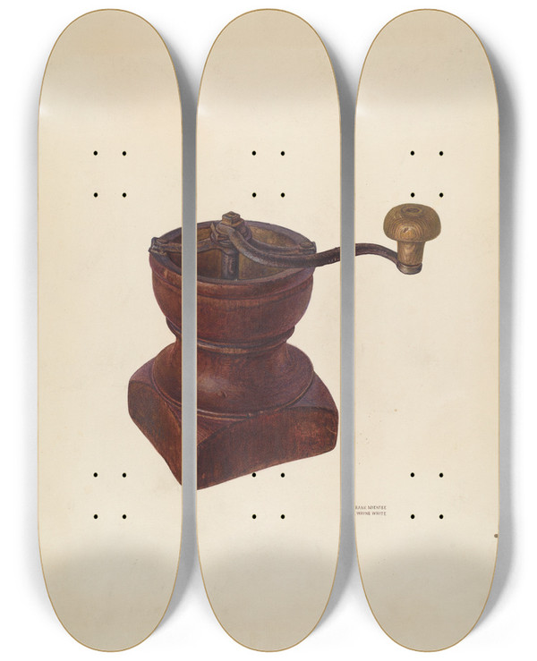 Triptych art skateboard deck of Frank Mcentee Coffee Grinder by Frank Mcentee
