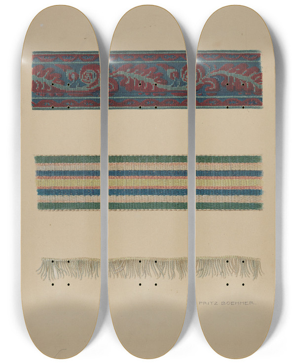 Triptych art skateboard deck of Fritz Boehmer Upholstery Trim by Fritz Boehmer