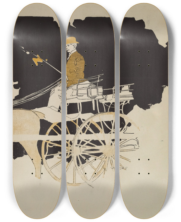 Triptych art skateboard deck of Charles Wright Man Driving A Carriage by Charles Wright (1852-1901)