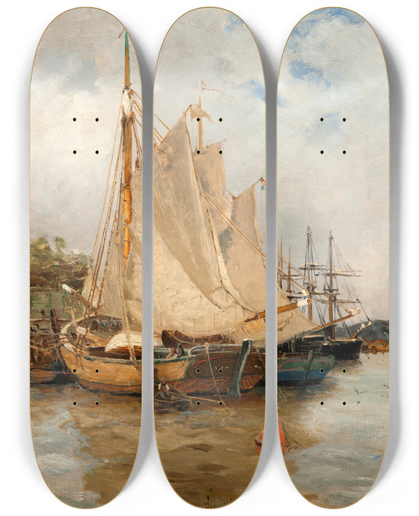 Triptych art skateboard deck of Adolf Fredrik Nordling In The Harbour by Adolf Fredrik Nordling (1840-1888)