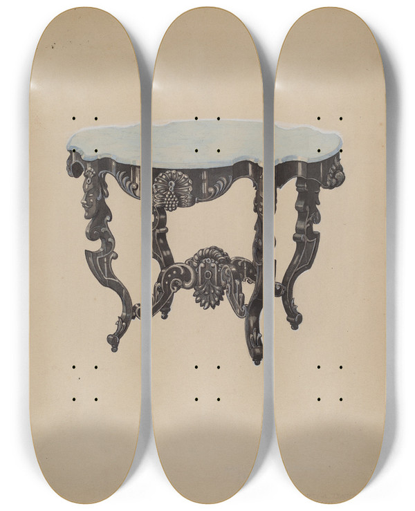 Triptych art skateboard deck of Edward A Darby Ebony Marbletop Table by Edward A Darby