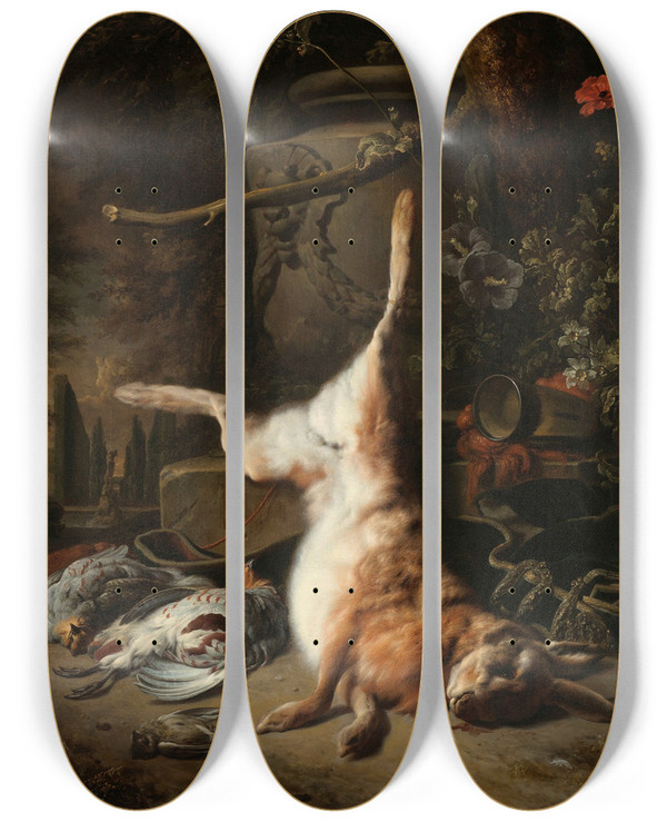 Triptych art skateboard deck of Jan Weenix Still Life With A Hare And Other Game by Jan Weenix (1641-1719)