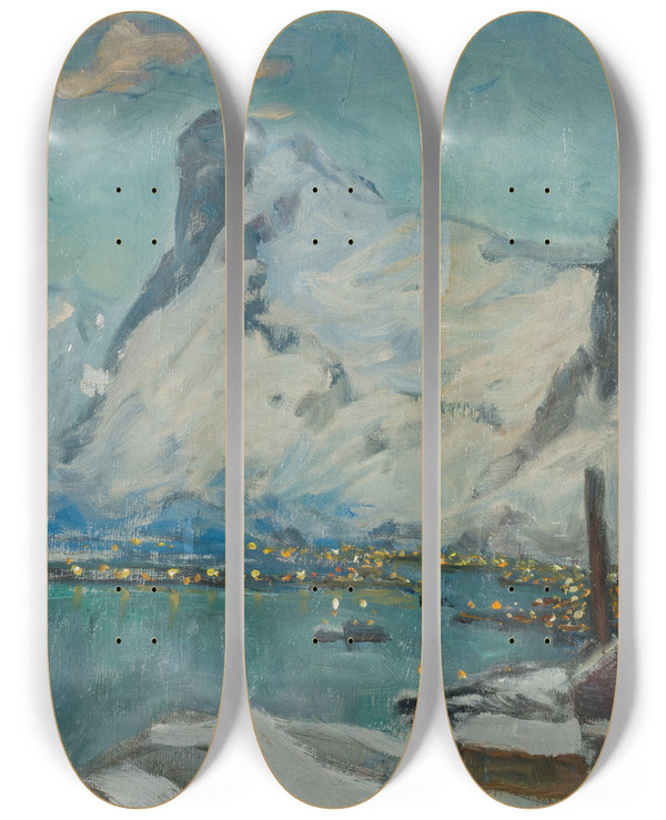 Triptych art skateboard deck of Anna Boberg Lofoten In The Evening Light Study by Anna Boberg (1864-1935)