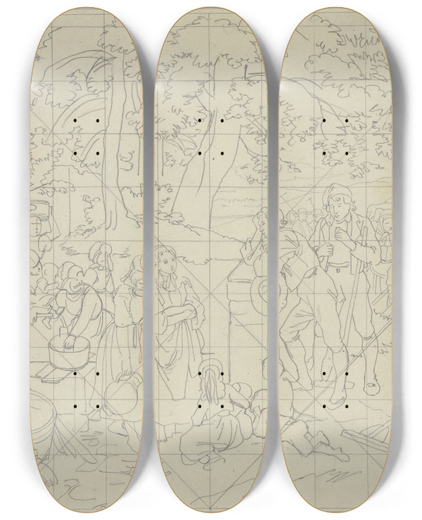 Triptych art skateboard deck of Jakob Becker Grape Harvest_2 by Jakob Becker (1810-1872)