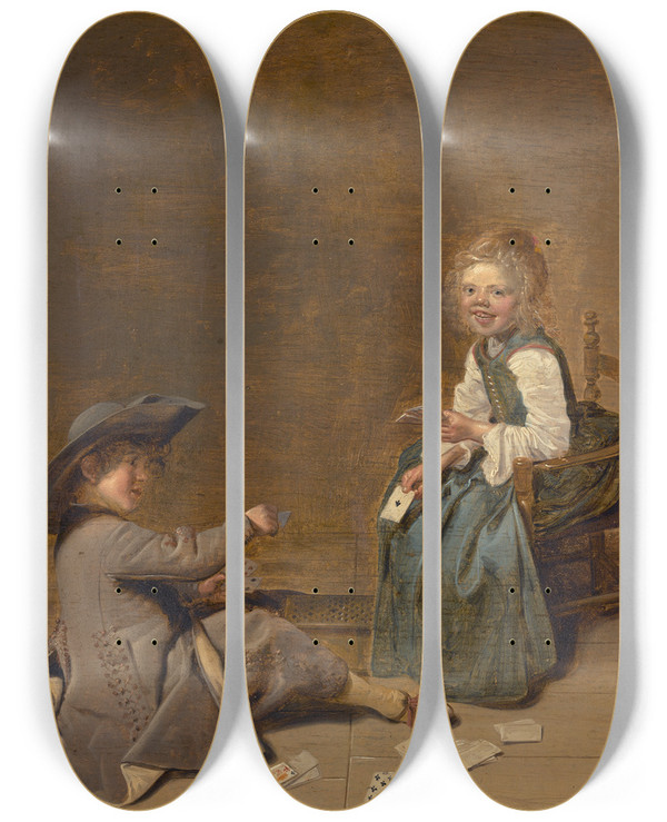 Triptych art skateboard deck of Dirck Hals Children Playing Cards by Dirck Hals (1591-1656)