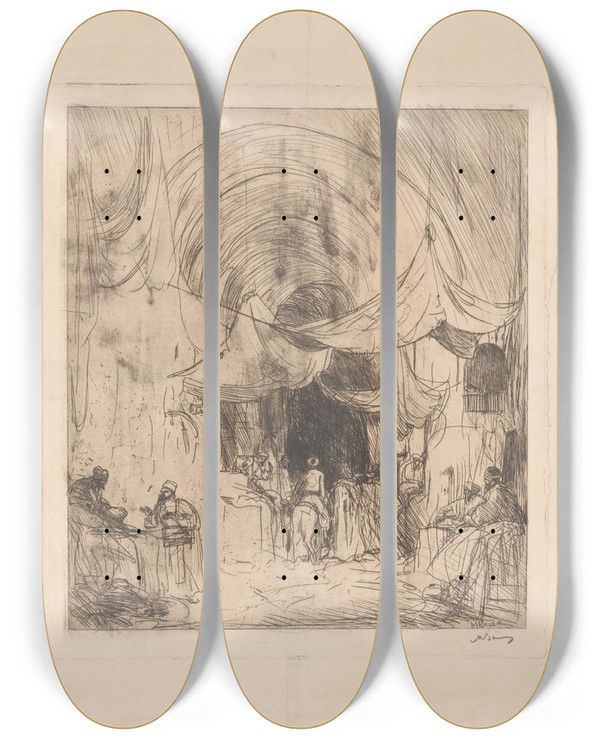 Triptych art skateboard deck of Marius Bauer Turkse Bazaar Met Gespannen Zeilen by Marius Bauer (1867-1932)