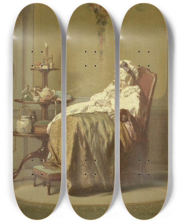 Triptych art skateboard deck of Alexander Hugo Bakker Korff Taking A Nap by Alexander Hugo Bakker Korff (1824-1882)