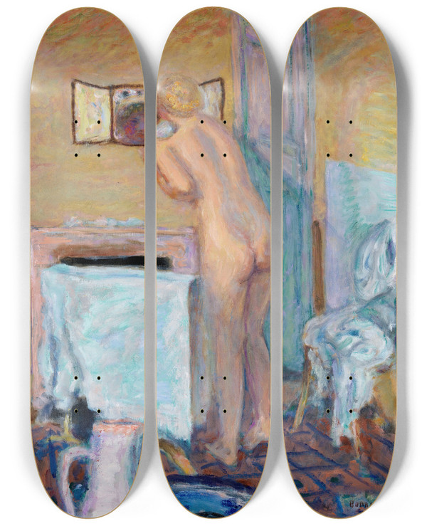Triptych art skateboard deck of Pierre Bonnard Nude Before A Mirror by Pierre Bonnard (1867-1947)