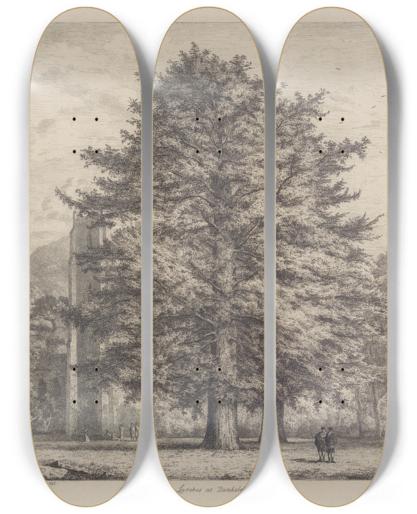 Triptych art skateboard deck of Jacob George Strutt The Larches At Dunkeld by Jacob George Strutt (1784-1867)