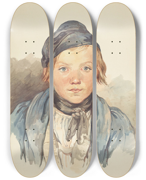 Triptych art skateboard deck of August Richter Bildnis Eines Jungen by August Richter (1801-1873)