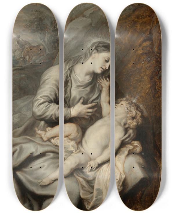 Triptych art skateboard deck of Anthony Van Dyck Rest On The Flight Into Egypt by Anthony Van Dyck (1599-1641)