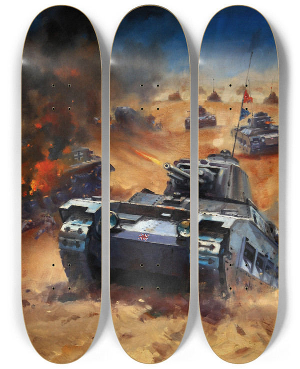 Triptych art skateboard deck of W Krogman Tank Battle by W Krogman (20-)