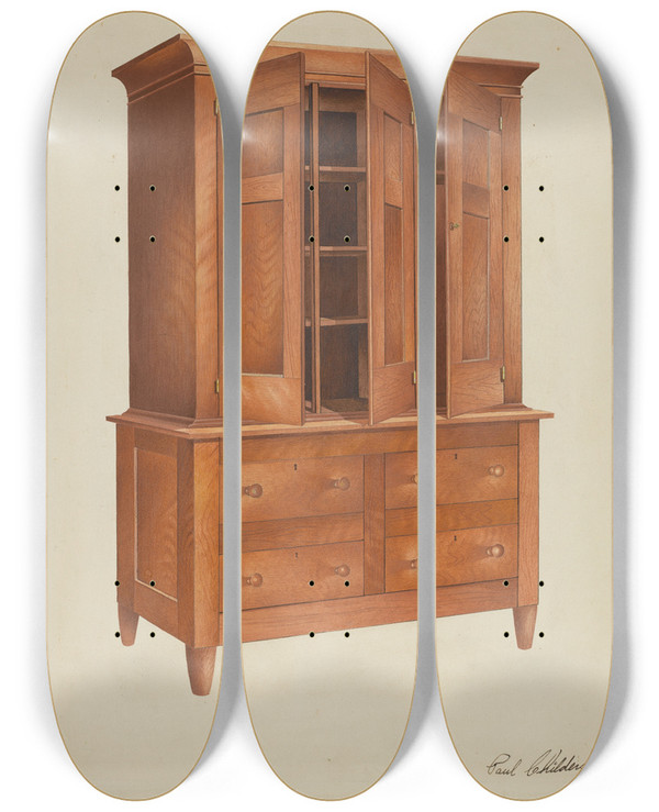 Triptych art skateboard deck of William Paul Childers Shaker Cabinet by William Paul Childers
