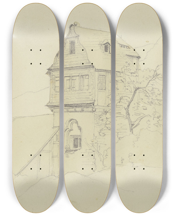 Triptych art skateboard deck of Jakob Becker Lodge by Jakob Becker (1810-1872)