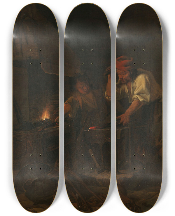 Triptych art skateboard deck of Gabriel Metsu The Weaponsmith by Gabriel Metsu (1629-1667)