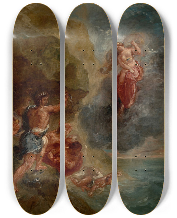 Triptych art skateboard deck of Eugne Delacroix The Winter Juno Beseeches To Destroy Eneas Fleet by Eugene Delacroix (1798-1863)