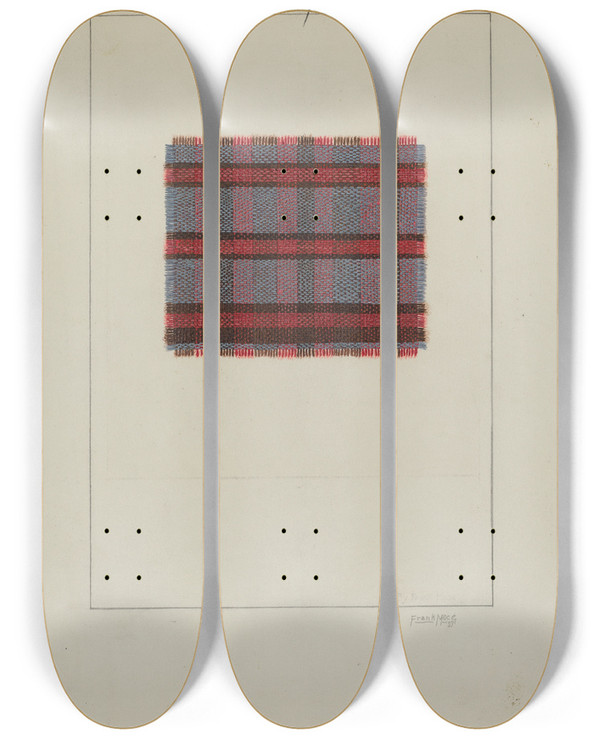 Triptych art skateboard deck of Frank J Mace Homespun Cloth by Frank J Mace
