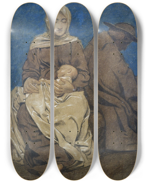 Triptych art skateboard deck of Hans Thoma The Rest On The Flight Into Egypt by Hans Thoma (1839-1924)