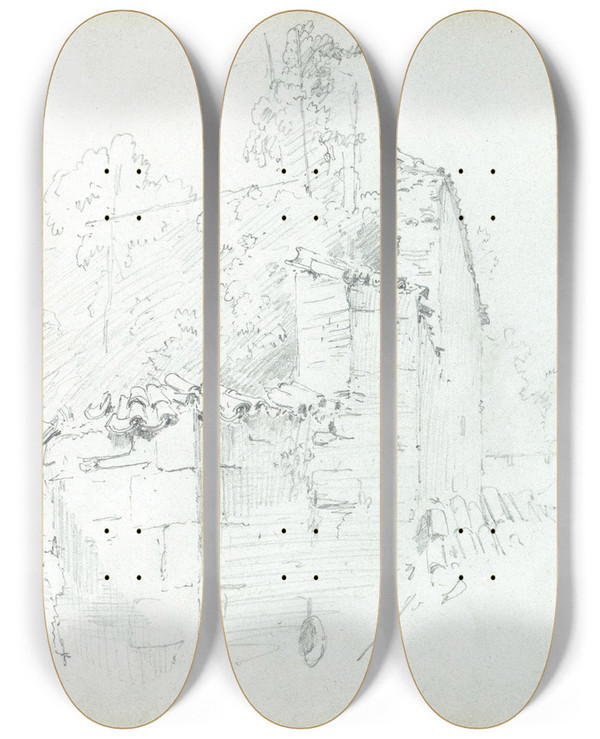 Triptych art skateboard deck of Carl Spitzweg Festungsmauer by Carl Spitzweg (1808-1880)