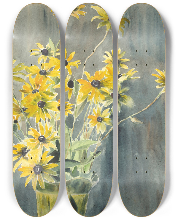 Triptych art skateboard deck of Hannah Borger Overbeck Vase With Blackeyed Susans by Hannah Borger Overbeck (1870-1931)