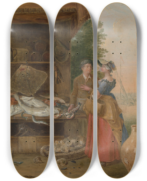 Triptych art skateboard deck of Balthazar Nebot Fishmongers Stall by Balthazar Nebot (1700-1786)