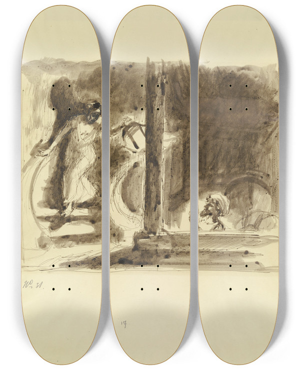 Triptych art skateboard deck of Max Slevogt Ali Babas Return by Max Slevogt (1868-1932)