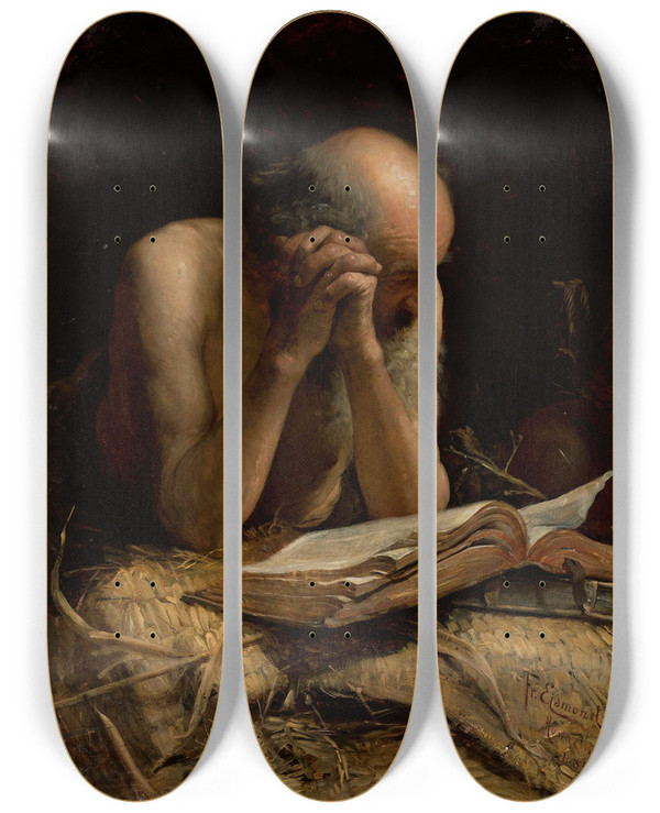 Triptych art skateboard deck of Franciszek Ejsmond Hermit by Franciszek Ejsmond (1859-1931)