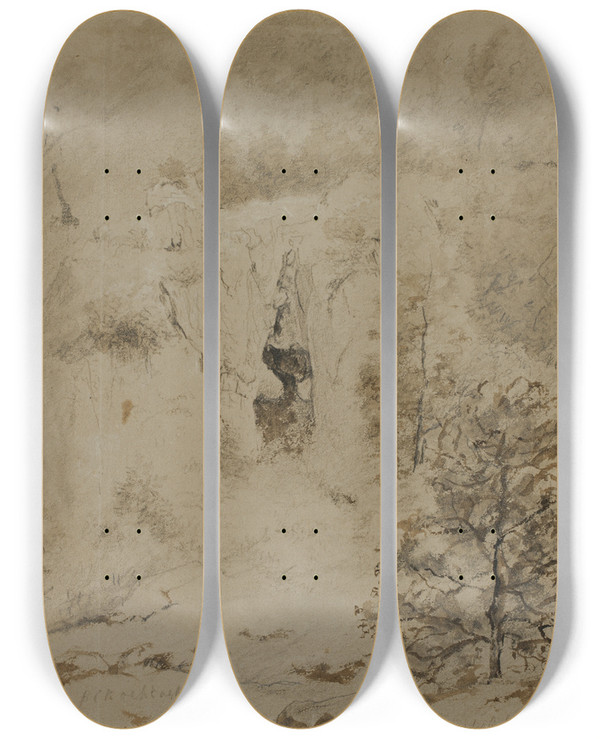 Triptych art skateboard deck of Barend Cornelis Koekkoek Rocky Landscape by Barend Cornelis Koekkoek (1803-1862)