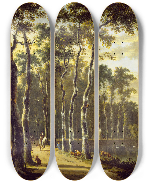 Triptych art skateboard deck of Jan Hackaert An Avenue In A Wood by Jan Hackaert (1629-1700)