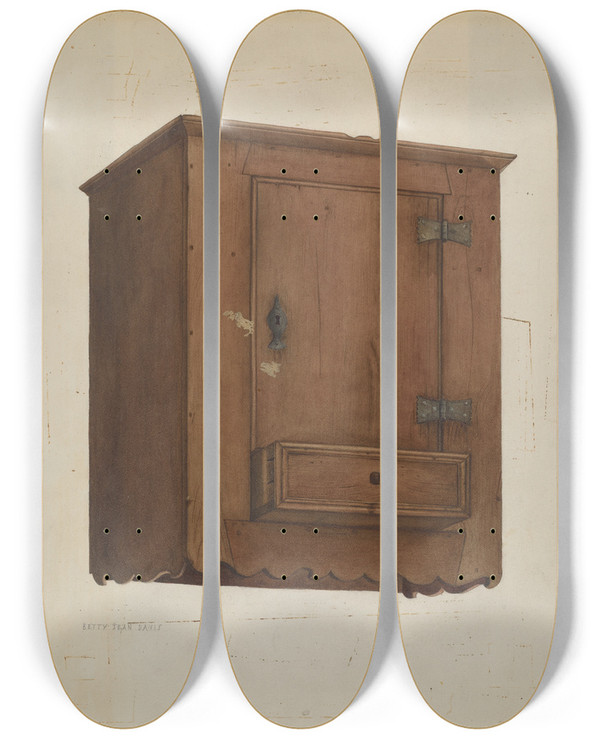 Triptych art skateboard deck of Betty Jean Davis Wall Cabinet by Betty Jean Davis