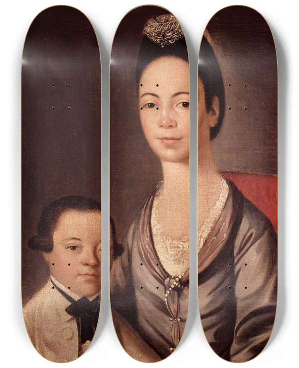 Triptych art skateboard deck of Gilbert Stuart Mrs Aaron Lopez And Her Son Joshua by Gilbert Stuart (1755-1828)